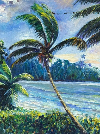 art-decoration-tableau-peinture-huile-toile-paysage-marin-cocotier-plage