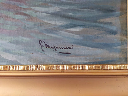 Paysage Nocturne Baie de Naples Marina Grande Peinture à Huile Années 50 signée