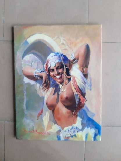 art-decoration-tableau-peinture-huile-toile-portrait orientelisme-femme-berbere-seins-nu