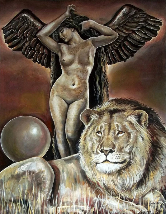 art-surrealiste-ange-feminin-nue-lion-peinture-café-toile-originale