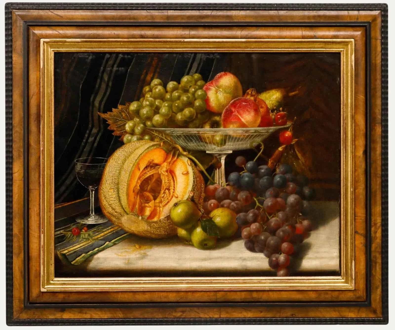 John H. Dunham - Huile de la fin du XIXe siècle, nature morte aux fruits dans un compotier en verre