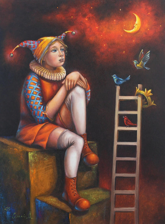 art-surréaliste-bouffon-oiseaux-huile sur toile-originale-signée