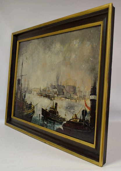 1900-1930 Tableau ancien Port de Hambourg, signé Johannes Kuhn, huile 117,5x86cm