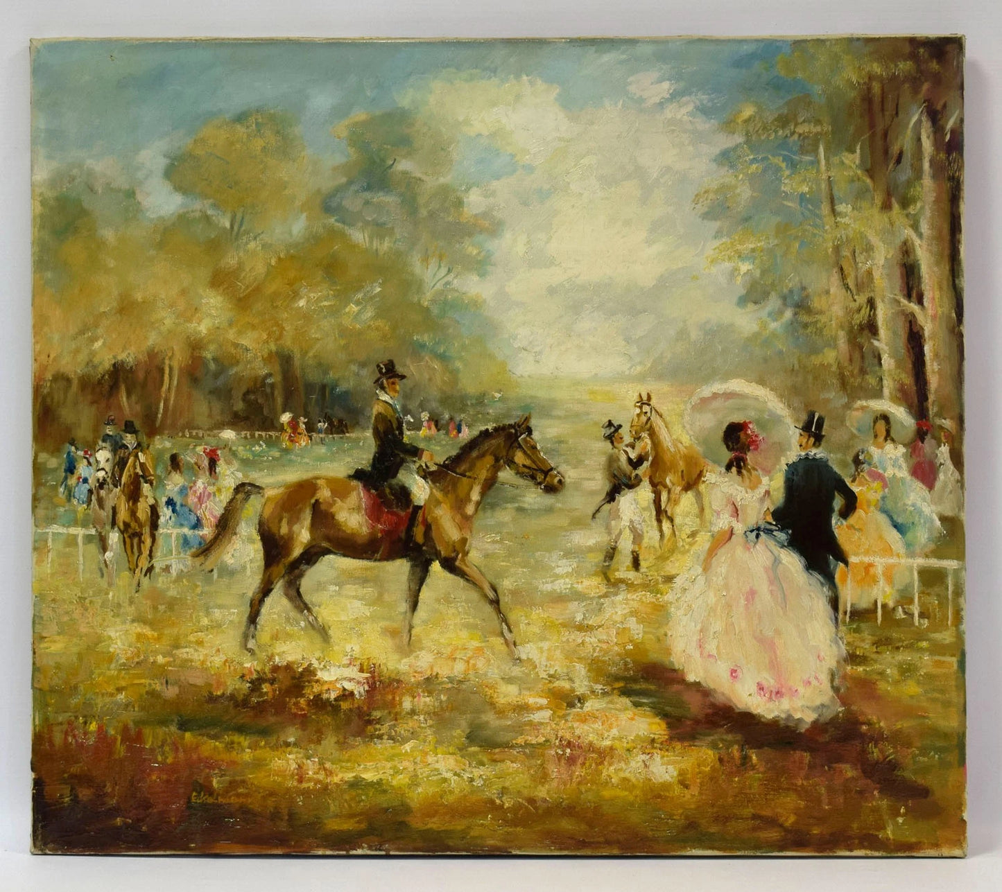 Tableau ancien, rencontre sociale, champ de courses chevaux huile, signé, 80,5 x 70,5 cm