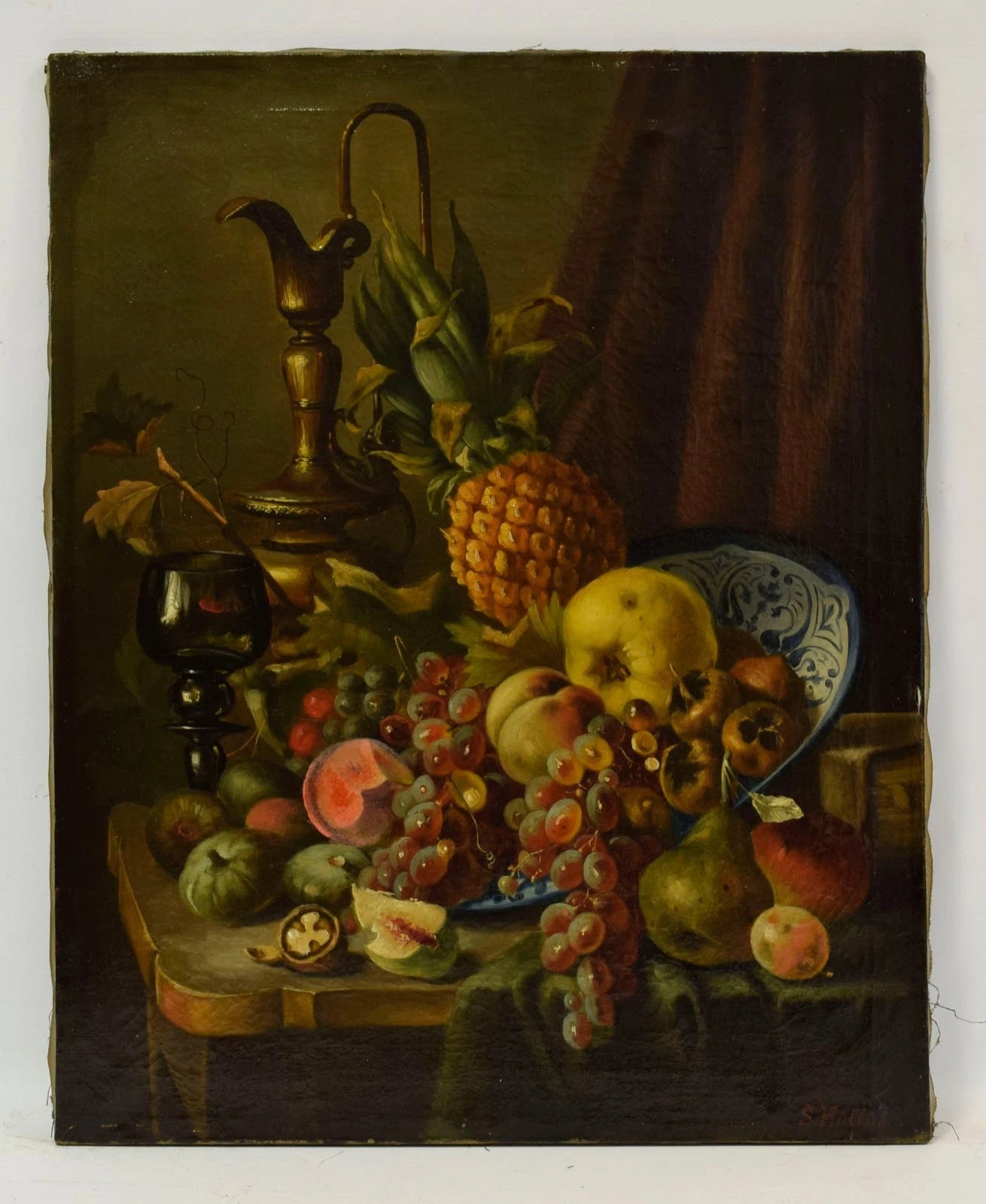 Nature morte 1850-1900 aux fruits et pichet, huile, 68,5 x 55,5 cm