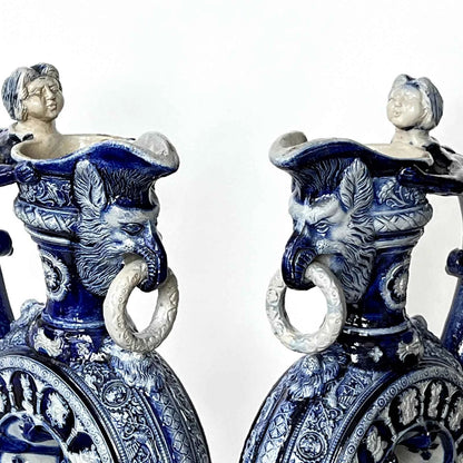 Paire d'anciens pichets carafe Westerwald aiguière sel émail XIXc R Hanke Allemagne