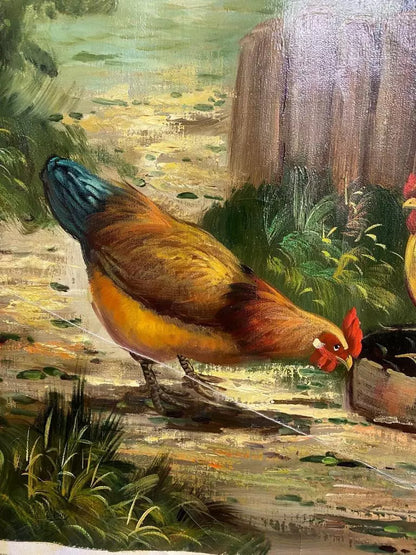 Peinture peinte à la main - poulets dans la ferme - 60x90cm-24"x36"- huile sur toile