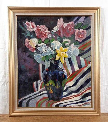 Bouquet de fleurs,dans vase, art ancien, peinture à l'huile originale sur panneau