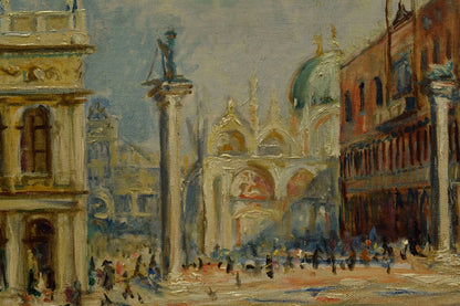 Tableau ancien 1955, place Saint Saint-Marc à Venise, huile, signé dat., 85,5 x 66 cm