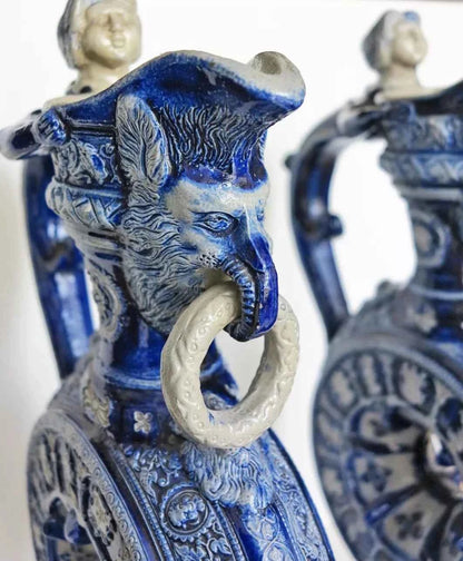 Paire d'anciens pichets carafe Westerwald aiguière sel émail XIXc R Hanke Allemagne