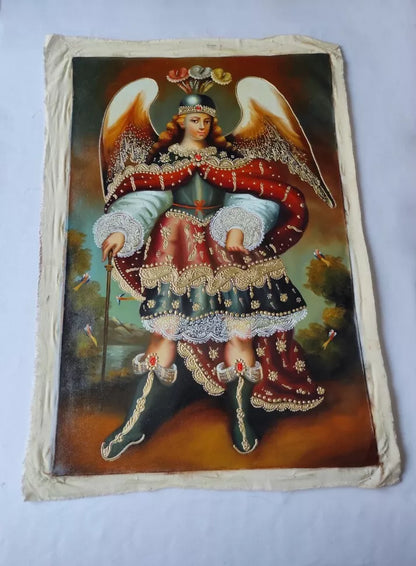 Saint Michel Archange, Ange, Peinture à l'huile originale, Peinture école Cuzco