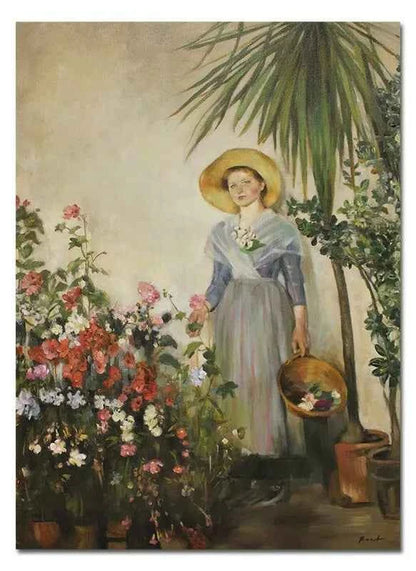 art-portrait-fille-chapeau-fleurs-orangeraie-peinture-huile-toile