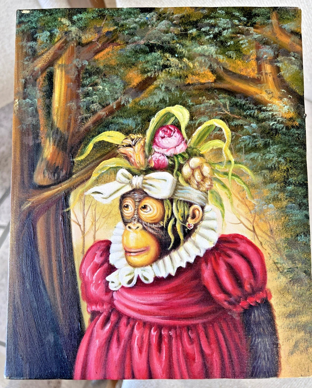 art-decoration-tableau-peinture-huile-toile-surrealisme-portrait-singe-petite-fleurs-fruits-d'apres Donald Roller