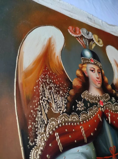 Saint Michel Archange, Ange, Peinture à l'huile originale, Peinture école Cuzco