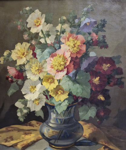 Tableau huile fleurs nature morte signé école européenne