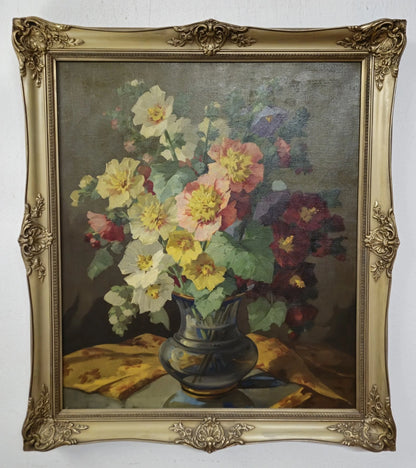 Tableau huile fleurs nature morte signé école européenne