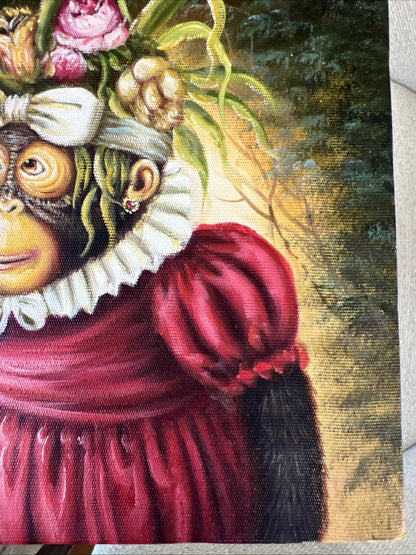 art-decoration-tableau-peinture-huile-toile-surrealisme-portrait-singe-petite-fleurs-fruits-d'apres Donald Roller