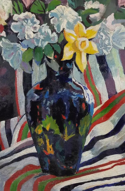 Bouquet de fleurs,dans vase, art ancien, peinture à l'huile originale sur panneau