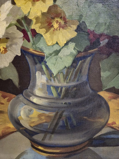 Tableau huile fleurs nature morte signé école européenne