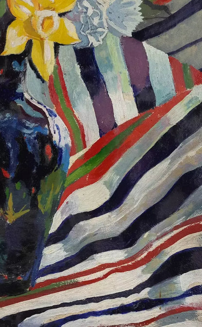 Bouquet de fleurs,dans vase, art ancien, peinture à l'huile originale sur panneau