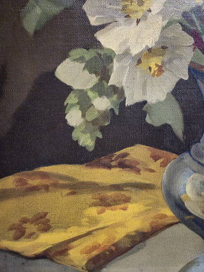 Tableau huile fleurs nature morte signé école européenne