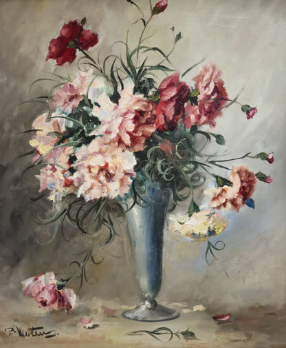Peinture à l'huile P. Mertens (XX) bouquet de fleurs rose et blanc œillets