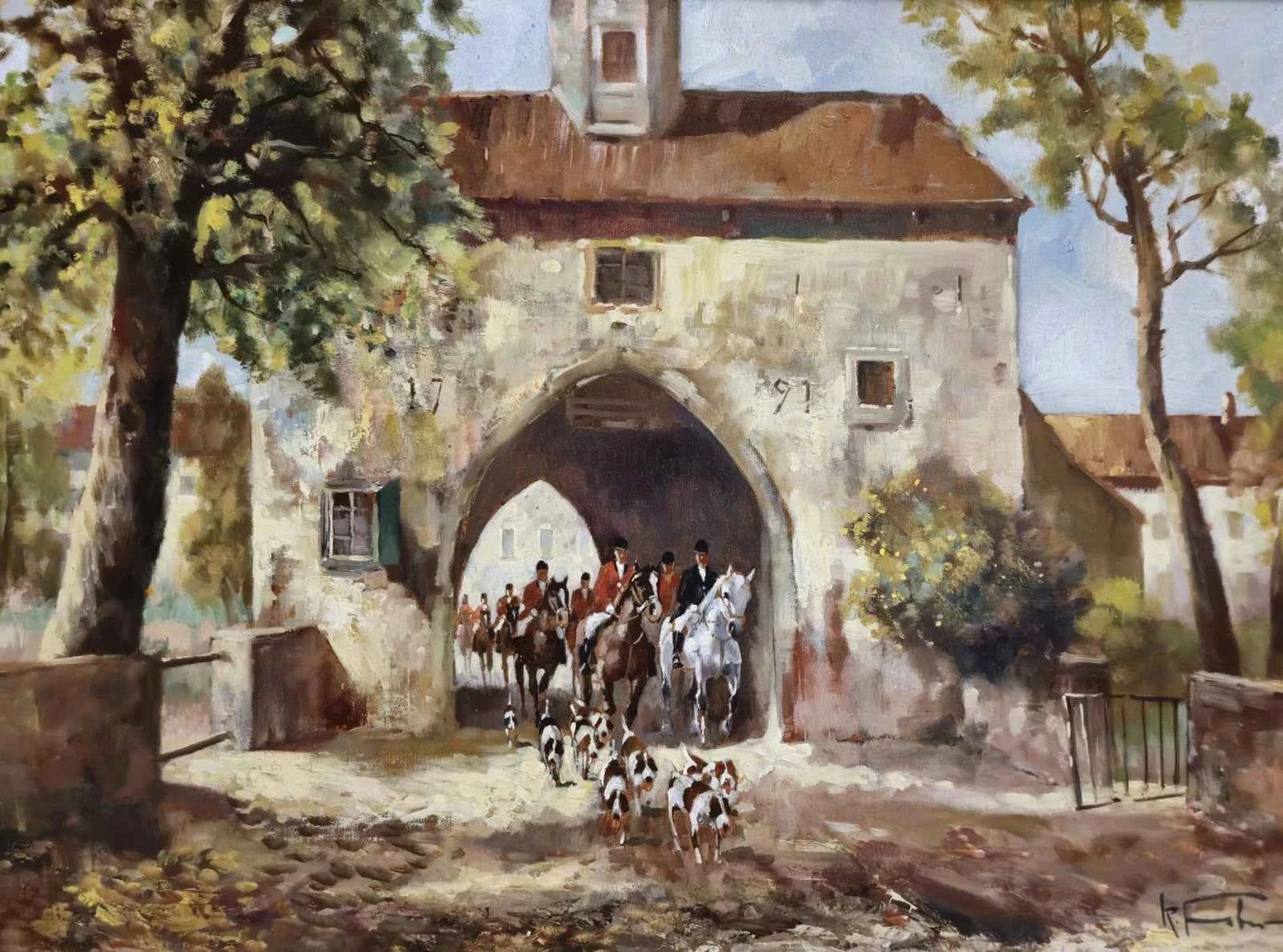 art peinture huile sur toile Une scène de chasse à travers les siècles, capturée avec la richesse des couleurs et la précision du détail.