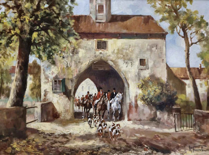 art peinture huile sur toile Une scène de chasse à travers les siècles, capturée avec la richesse des couleurs et la précision du détail.