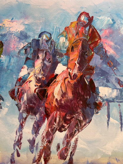 art-decoration-tableau-peinture-huile-toile-scene-course-hippique-chevaux-galop-jockey