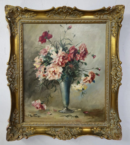 Peinture à l'huile P. Mertens (XX) bouquet de fleurs rose et blanc œillets