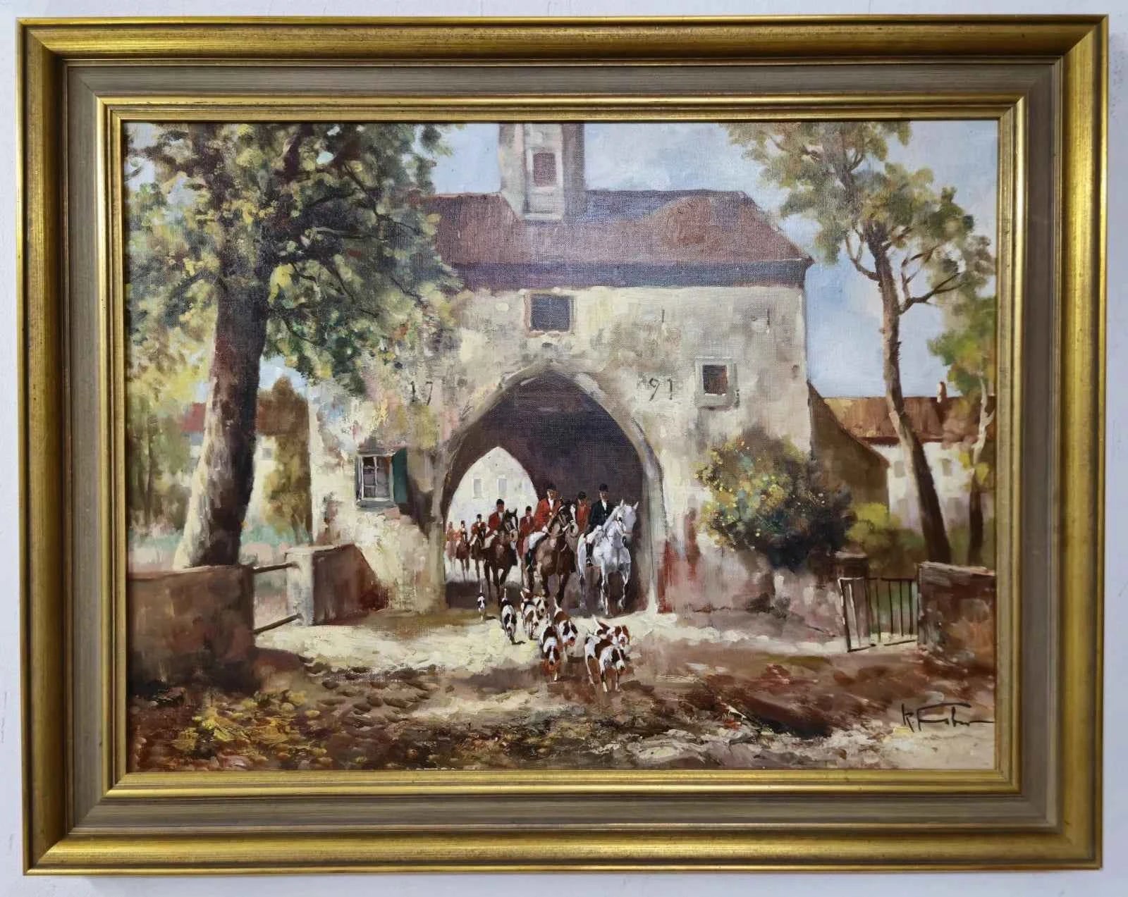 art peinture huile sur toile Une scène de chasse à travers les siècles, capturée avec la richesse des couleurs et la précision du détail.