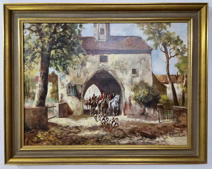 art peinture huile sur toile Une scène de chasse à travers les siècles, capturée avec la richesse des couleurs et la précision du détail.