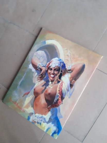art-decoration-tableau-peinture-huile-toile-portrait orientelisme-femme-berbere-seins-nu