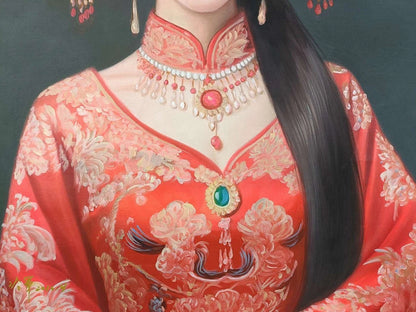 Peinture à l'huile sur toile peinte à la main belle femme chinoise robe rouge par Leng Jun - Kikooyou Art Gallery
