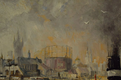 1900-1930 Tableau ancien Port de Hambourg, signé Johannes Kuhn, huile 117,5x86cm