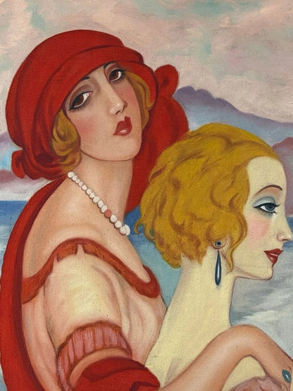 art-decoration-tableau-peinture-huile-toile-moderne-portrait-feminin-femme-personnage-deux amies-d'aprés Gerda Wegener