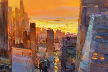 art-decoration-tableau-peinture-huile-toile-moderne-skyline-new york-soleil