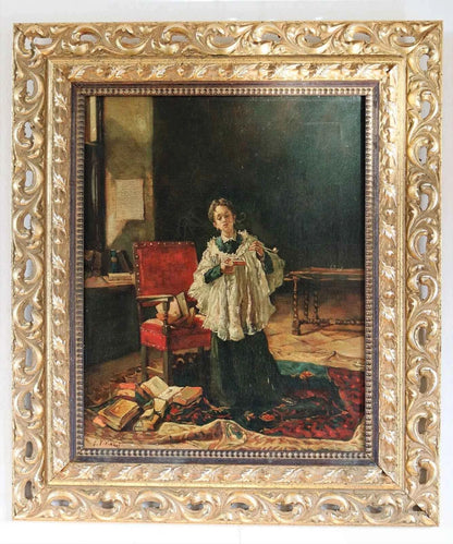 art-scene-vie-portrait-prelat-fume-pipe-peinture-huile-toile-cadre