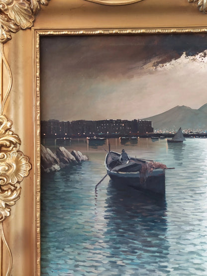 Paysage Nocturne Baie de Naples Marina Grande Peinture à Huile Années 50 signée