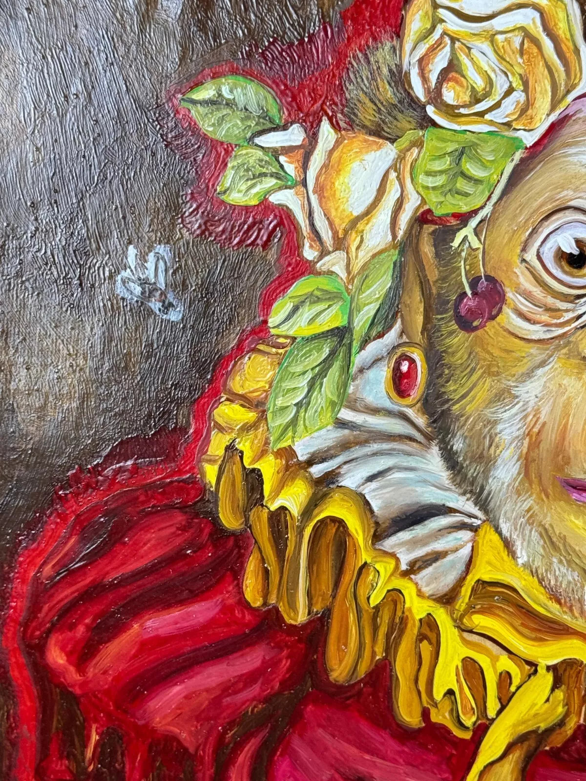 art-decoration-tableau-peinture-huile-toile-surrealisme-portrait-singe-fruits-d'apres Donald Roller