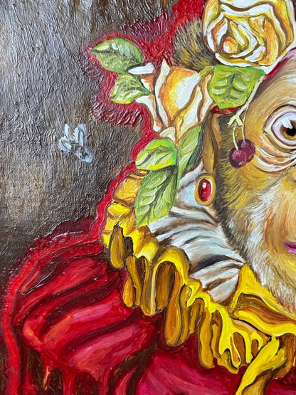 art-decoration-tableau-peinture-huile-toile-surrealisme-portrait-singe-fruits-d'apres Donald Roller