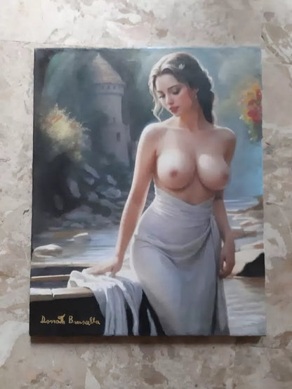 art-decoration-erotique-tableau-peinture-huile-toile-femme-denudée-seins nus-poitrine-portrait-Gessika