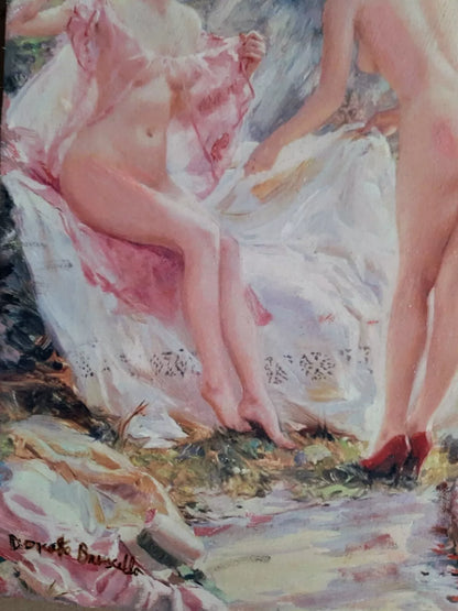 art-decoration-tableau-peinture-huile-toile-portrait-femmes-nues-amies-lingerie