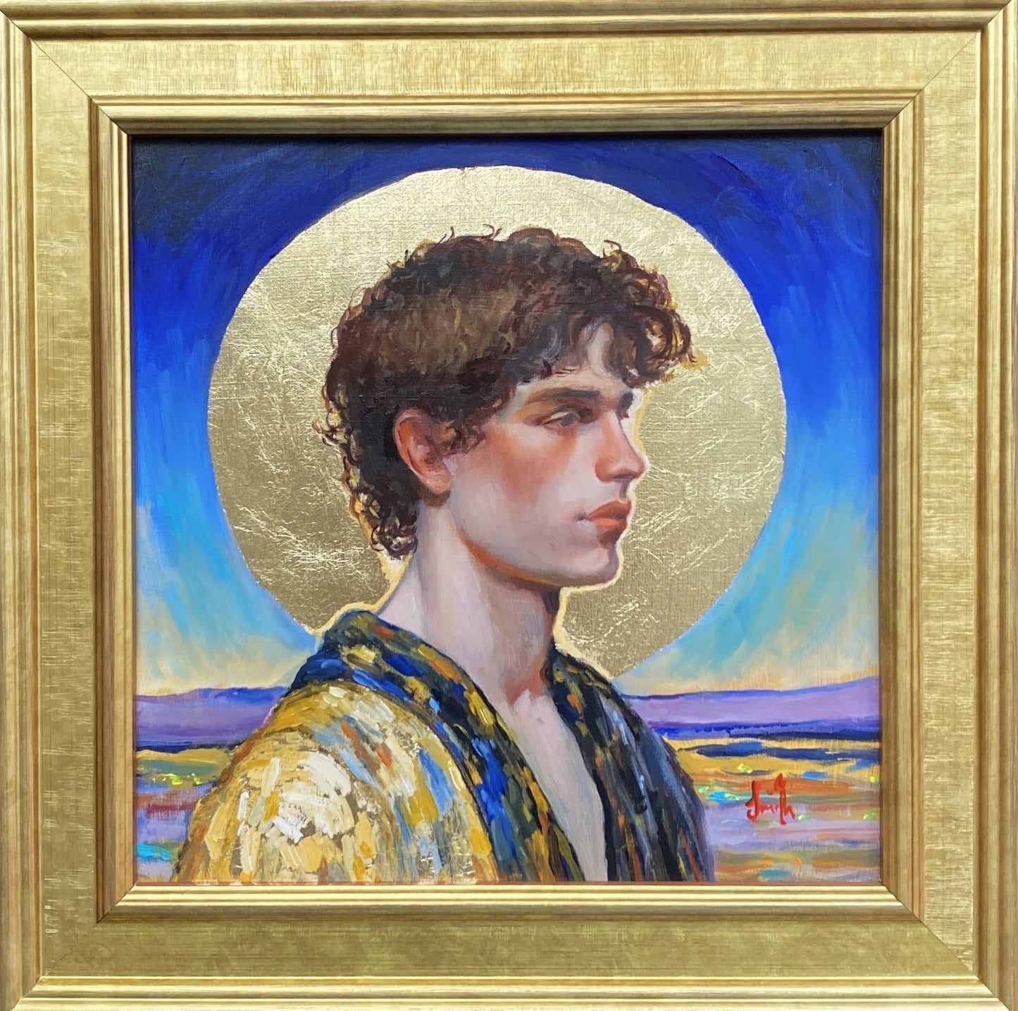 Peinture à l'huile originale d'un jeune homme inspiré de Klimt, sur panneau de bois doré à la feuille d'or.
