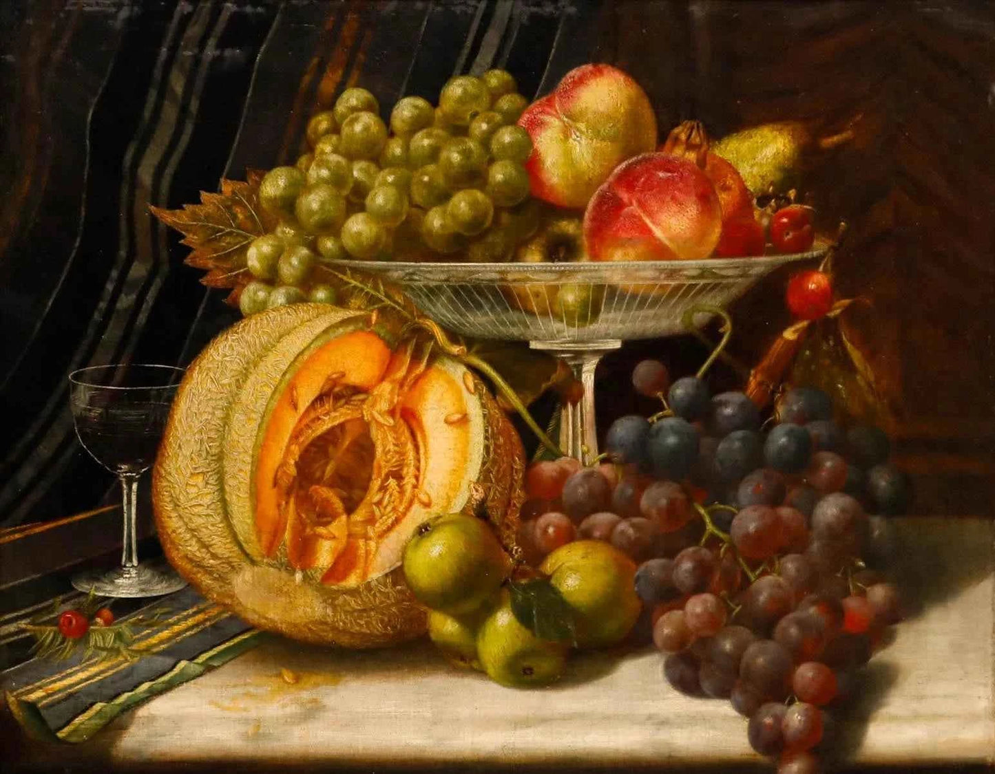 John H. Dunham - Huile de la fin du XIXe siècle, nature morte aux fruits dans un compotier en verre