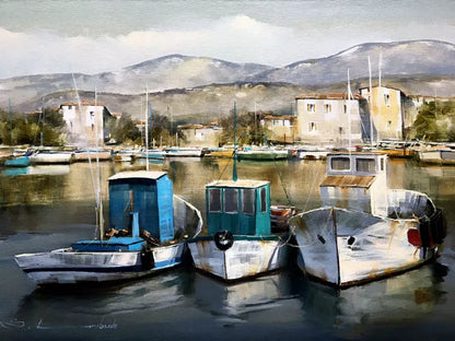 art-decoration-tableau-peinture-huile-toile-port-bateaux-paysage-marin