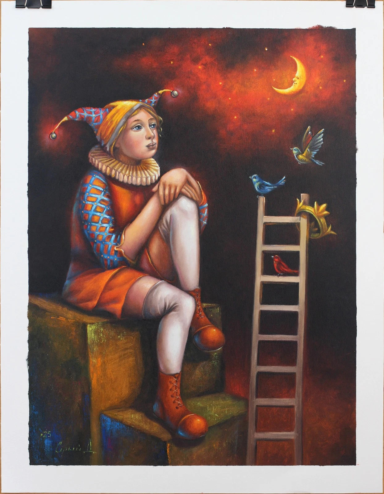 art-surréaliste-bouffon-oiseaux-huile sur toile-originale-signée