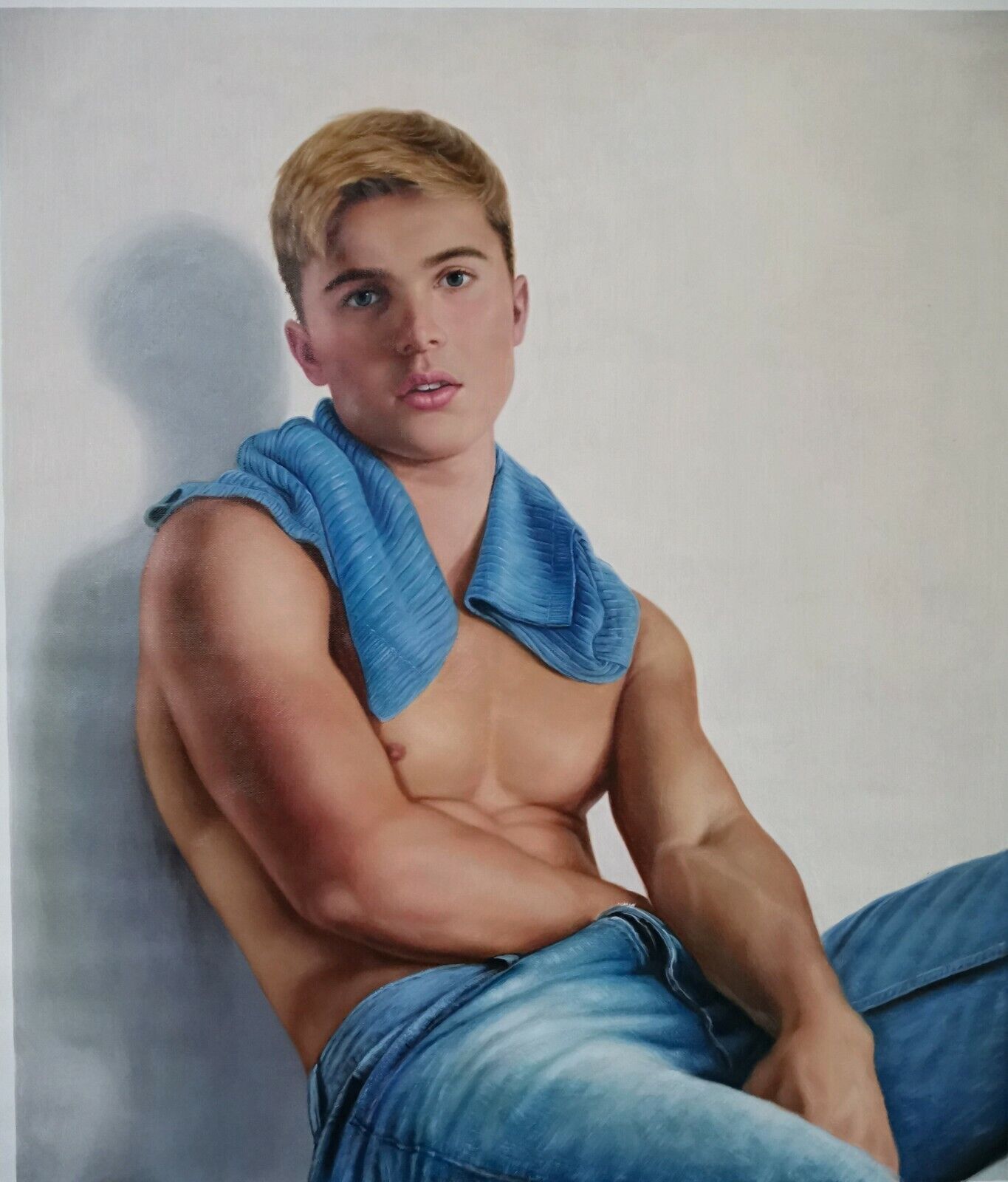 art-decoration-tableau-peinture-huile-toile-erotique-sexy-portrait-masculin-male-jeune-homme-torse-nu-serviette