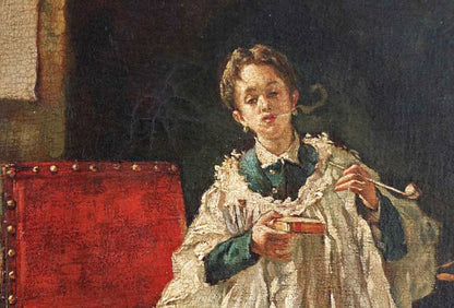 art-scene-vie-portrait-prelat-fume-pipe-peinture-huile-toile-cadre