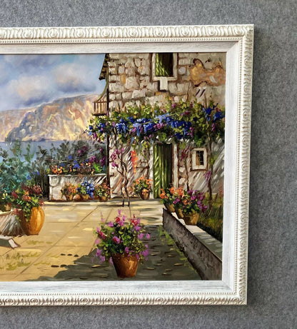 art-decoration-tableau-peinture-huile-toile-paysage-terrasse-fleuri